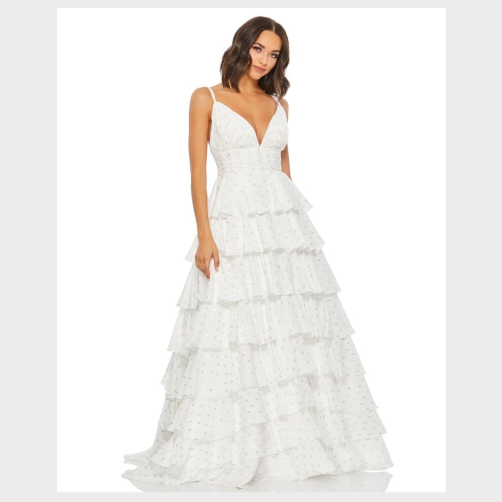 MAC DUGGAL RUFFLE TIERED PLUNGE A-LINE BALLGOWN - IVORY GOLD